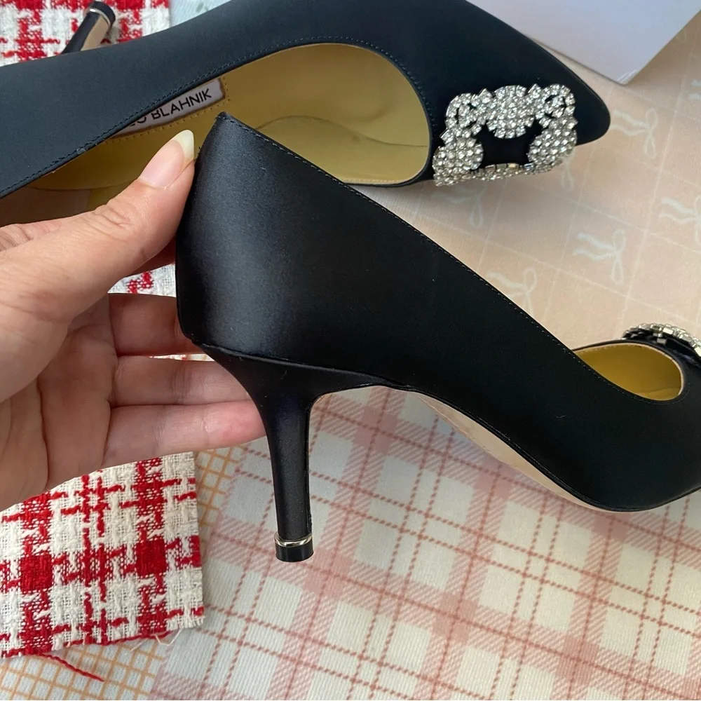 Manolo Blahnik Black Embellished Satin Pointed Toe Flats